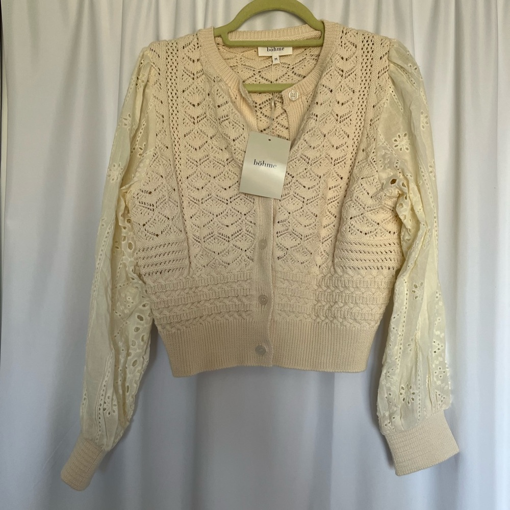 SOLD NWT Bohme 100% Cotton Cream Lace Knit Sweater with Eyelet Sleeves - Picture 2 of 4